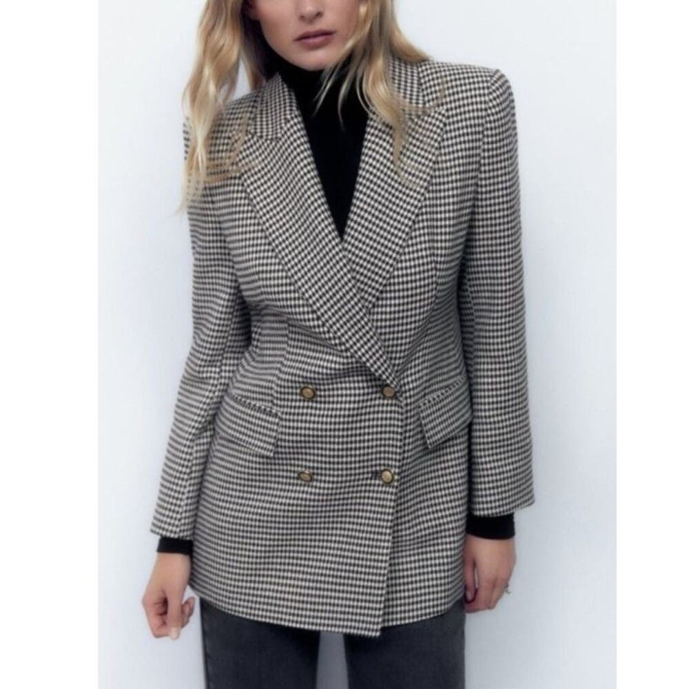 Zara Houndstooth Double Breasted Blazer Jacket Collared Gold Button Tweed XS - Picture 3 of 11